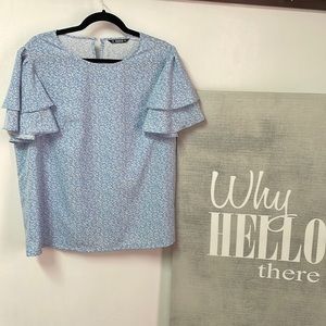 A Vision in Blue - Feminine Blouse with flutter sleeves and keyhole back